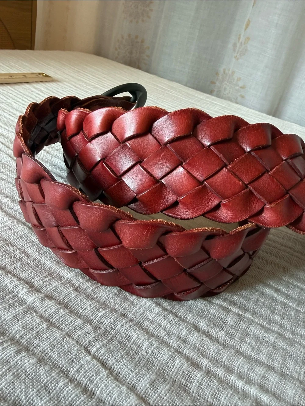 Linea Pelle Vintage Red Wine Woven Leather Wide Statement Designer Luxury Belt